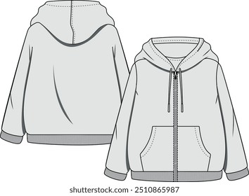 Fashion garment technical flat drawing of a zip-up hoodie. Apparel design for men, women, boys and girls. Technical flat drawing for tech packs and range plans. Editable file with sewing details.