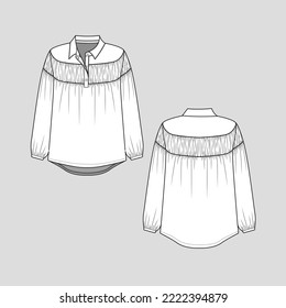 Fashion Gathering Polo Collar T shirt   top Long Sleeve gathering with cuff hem Half open button panel placket high low hem shirt blouse flat sketch technical drawing template design vector