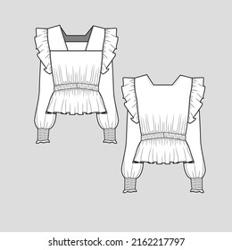 Fashion Gathering Ruffles Top Square neck Ruffles smocked cuffs long Sleeve waist gathering blouse t shirt top Clothing flat sketch drawing template design vector