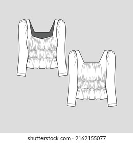 Fashion Gathering smocked top  Fancy neck elastic gathering detail puff long sleeve Fashion clothing outline flat sketch technical drawing template design vector