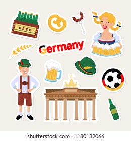 Fashion german patch badge with berlin beer, oktoberfest, football, german hat, girl, sausages, berlin travel and other. Very large set of girlish and boyish stickers, travel berlin patches in cartoon