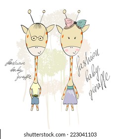 Fashion giraffe boy and girl. Vector illustration