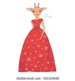 Fashion giraffe. Human body with animal head. Can be used to design for invitation, card, poster. Happy holiday. Hand drawn vector illustration. 