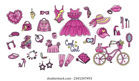 Fashion girl accessories and beautiful lifestyle. Set of icons in pink colors.
