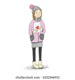 Fashion girl in autumn clothes with letter vector illustration