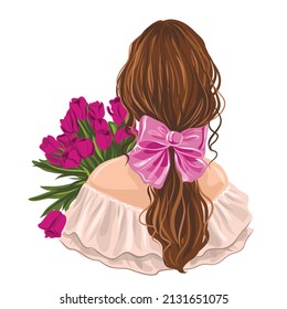 Fashion girl back. Girl holding up tulips bouquet. Fashion illustration.