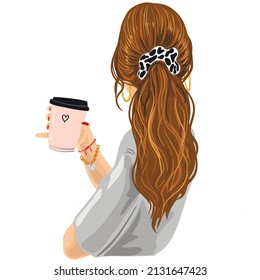 Chica de moda de vuelta. Moda. Chica sosteniendo una taza de café de papel. Mujer con hermoso estilo de cabello. Ilustración vectorial. Ilustración de moda.