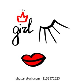 Fashion girl background with lips and eye. Design backgrounds for stickers, t shirt graphics, prints, posters, cards . Vector illustration