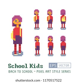 Fashion girl with a backpack. Student in school pixel art character. Looping sequence. Rear view from the front and side. 8-bit. Design for game developers and motion graphics. Isolated vector.