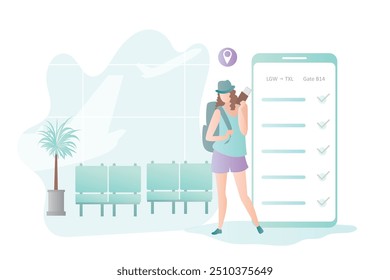 Muchacha de la moda con la mochila y los boletos, smartphone grande con el check-in on-line en la pantalla, interior del aeropuerto con los muebles, fondo del viaje, Ilustración vectorial de moda del estilo