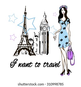 Fashion  girl with bag wants to travel