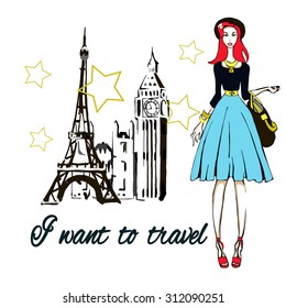 Fashion  girl with bag wants to travel