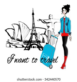 Fashion  girl with baggade wants to travel