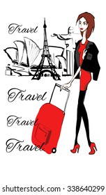Fashion  girl with baggage travels 
