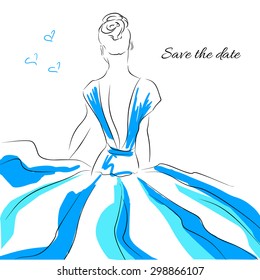 Fashion girl in beautiful blue dress isolated on white, hand drawn vector sketch, black line art vintage style for design package cosmetic, medicine, greeting card, wedding invitation, beauty salon