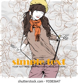 Fashion girl with beret in sketch-style on a floral background .Vector illustration.
