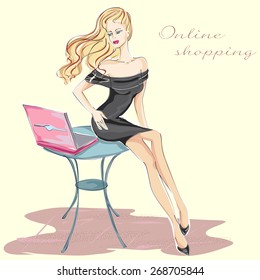 Fashion girl in black dress shopping online on her laptop hand drawn illustration Background with model
