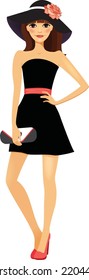 Fashion Girl With Black Party Dress And Big Hat Cartoon Type Vector Graphic