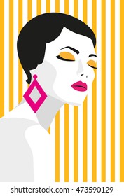 Fashion girl. Bold, minimal style. Pop Art. OpArt, positive negative space and colour. Trendy strips.Vector illustration. - stock vector