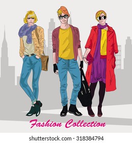 Fashion Girl And Boy In Sketch-style. Vector Illustration.