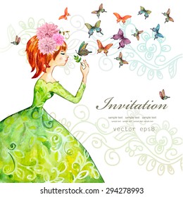 fashion girl with butterflies. watercolor painting. vector illustration