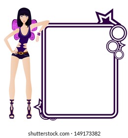 Fashion girl with butterfly wings relying on the banner. Vector illustration
