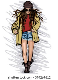 fashion girl in a cap and shorts boho style