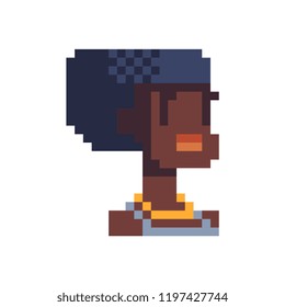 Fashion girl character. Pixel art. Flat style. Avatar, portrait, profile picture. Design of 80s. African american young woman. Game assets. 8-bit. Isolated vector illustration.