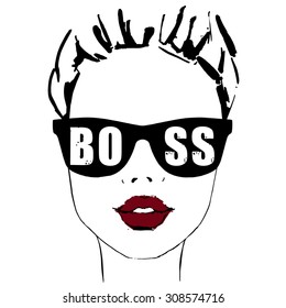 Fashion Girl With Cherry Lips In Sunglasses Boss