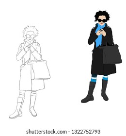 Fashion girl in a coat with bag. Vector