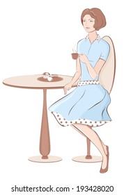 Fashion girl with coffee at cafe on white. Retro style. Vector