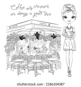 Fashion girl with coffee and croissant near Parisian cafe, Paris, France. Black and white illustration for coloring book.