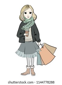 Fashion girl with coffee. Shopping.