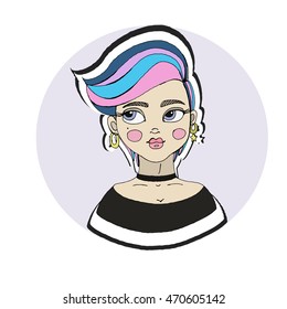 fashion girl with color hair,Hand drawn girl