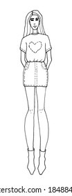 Fashion girl coloring page. Cute woman in t-shirt with heart print, denim skirt and boots on white background. Vector clip art. Coloring book for children and adults.