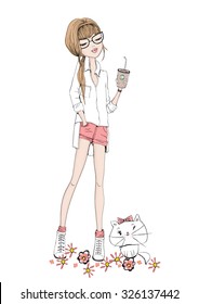 fashion girl and cute cat