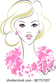 Fashion girl. Cute lady. Vector beauty face.