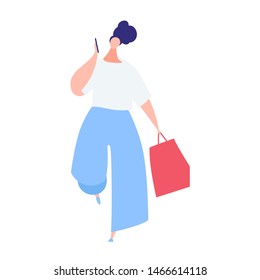 Fashion girl with dark hair talking on phone or listening to voice message, elegant woman wearing blue pants and white T-shirt carrying shopping bag, flat style vector illustration