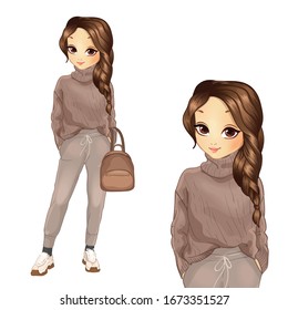 Fashion girl dressed in beige warm suit with sweater