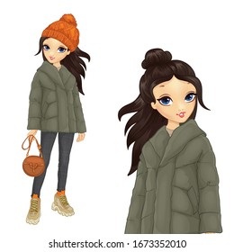 Fashion girl dressed in warm jacket with orange bright hat