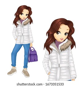 Fashion girl dressed in warm white jacket and blue jeans