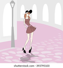 Fashion Girl Elegant Dress Hat Street Vector Illustration