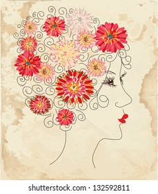 Fashion girl floral head on the paper texture