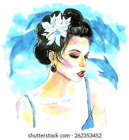 The fashion girl with the flower in her hair. Watercolor vector illustration