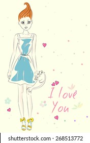 Fashion girl with fur seal toy hand drawn illustration Background with model