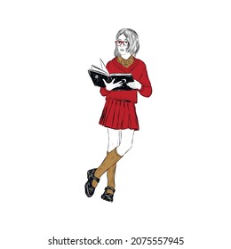 Fashion girl in glass, red sweater and skirt holds an open book. Schoolgirl reads book. Hand drawn vector illustration. 