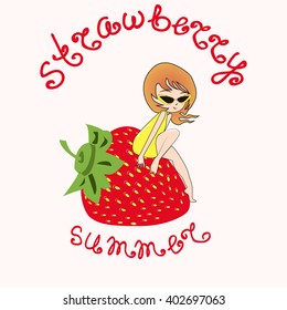 fashion girl with glasses on the strawberries, T-shirt design, background vector illustration