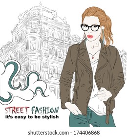 Fashion girl with glasses on the street vector illustration