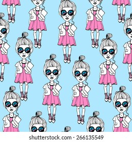 Fashion girl graphically hipster style seamless pattern - vector