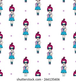 Fashion girl graphically hipster style seamless pattern - vector